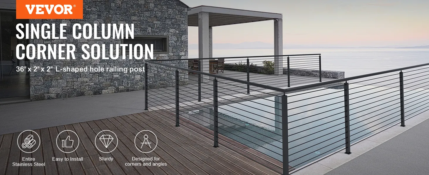 VEVOR cable railing post: single column corner solution with stainless steel posts and ocean view.