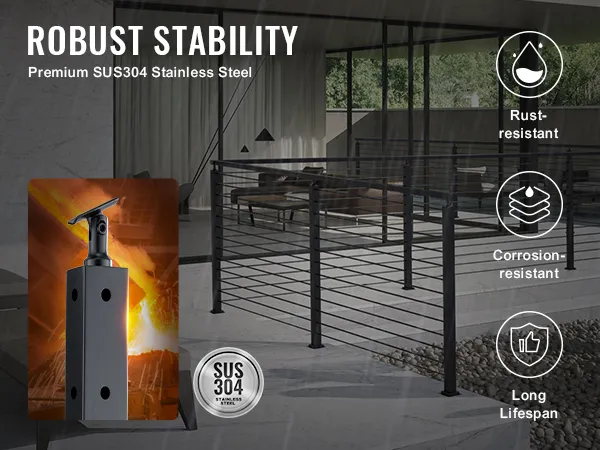 VEVOR cable railing post demonstrating robust stability with premium sus304 stainless steel, rust and corrosion-resistant.