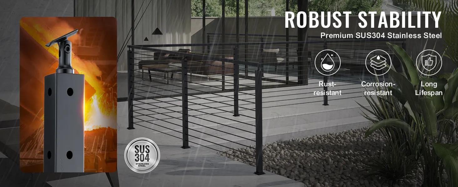 VEVOR cable railing post demonstrating robust stability with premium sus304 stainless steel, rust and corrosion-resistant.