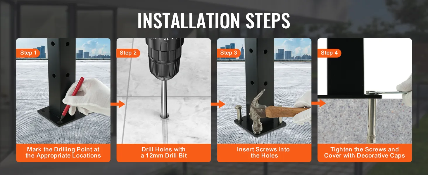 installation steps for VEVOR cable railing post: mark drilling points, drill holes, insert screws, tighten.
