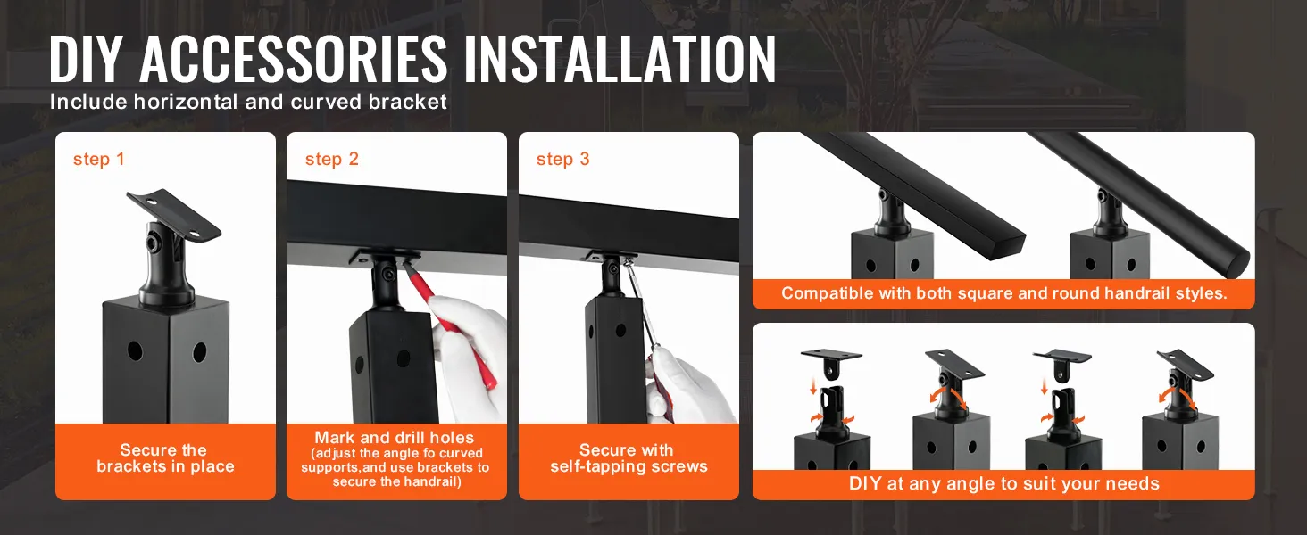diy installation steps for VEVOR cable railing post, including bracket securing, drilling, and screwing.