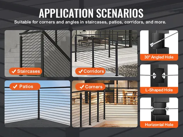 VEVOR cable railing post for staircases, patios, corridors, and corners with various hole options.