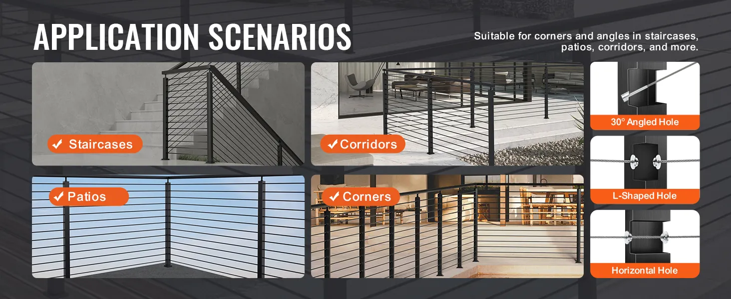VEVOR cable railing post for staircases, patios, corridors, and corners with various hole options.