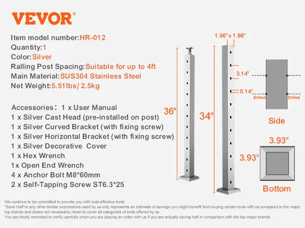 VEVOR cable railing post hr-012, 36", 10 holes, stainless steel, silver, 5.51 lbs, installation kit.