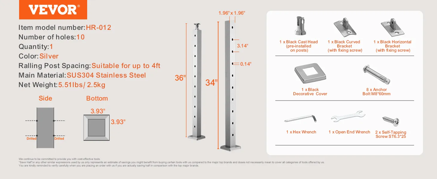 VEVOR cable railing post hr-012, 36", 10 holes, stainless steel, silver, 5.51 lbs, installation kit.