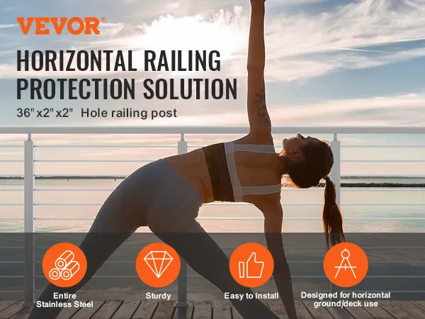 woman doing yoga on deck with VEVOR cable railing post, providing horizontal railing protection.