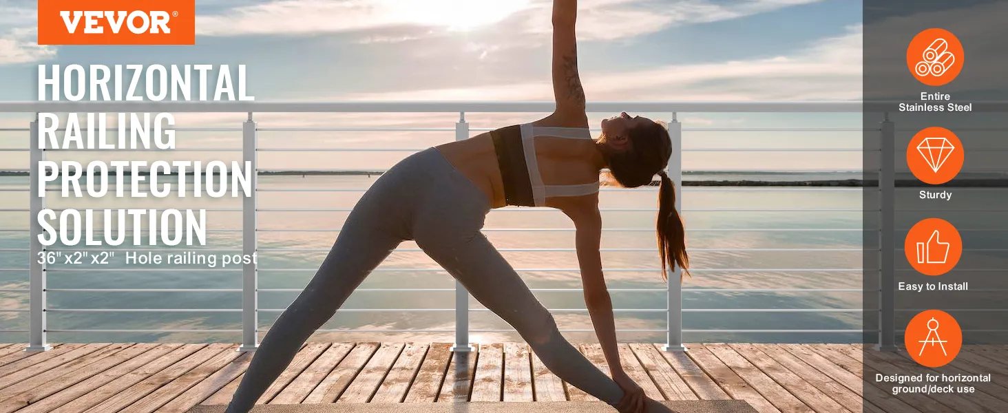 woman doing yoga on deck with VEVOR cable railing post, providing horizontal railing protection.