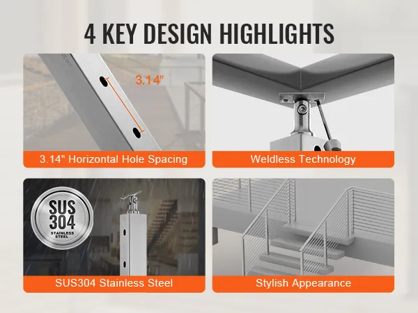 VEVOR cable railing post features: 3.14" hole spacing, sus304 stainless steel, weldless tech, stylish look.