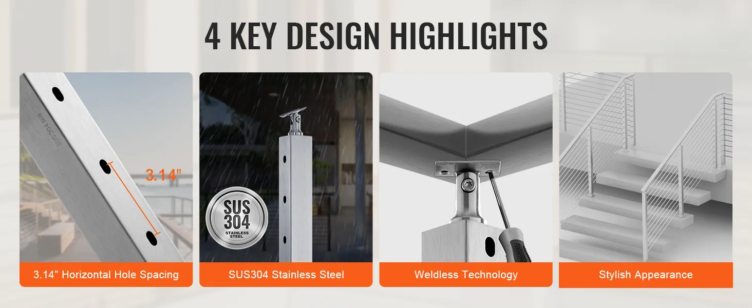 VEVOR cable railing post features: 3.14" hole spacing, sus304 stainless steel, weldless tech, stylish look.