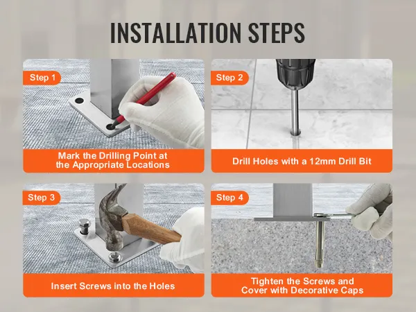 installation steps for VEVOR cable railing post: mark drilling point, drill holes, insert screws, tighten screws.