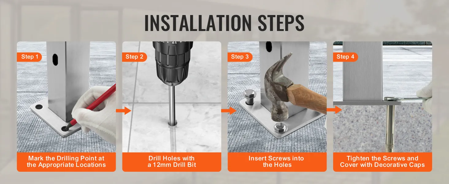 installation steps for VEVOR cable railing post: mark drilling point, drill holes, insert screws, tighten screws.