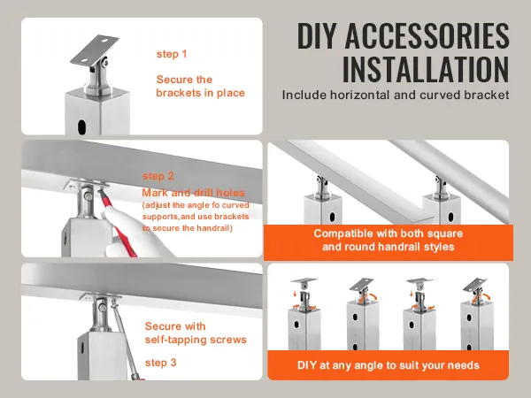 diy accessories installation guide for VEVOR cable railing post, showing steps and compatibility features.