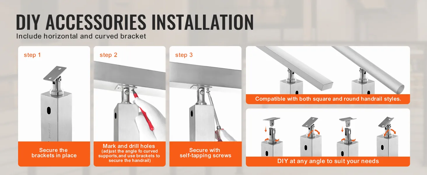 diy accessories installation guide for VEVOR cable railing post, showing steps and compatibility features.