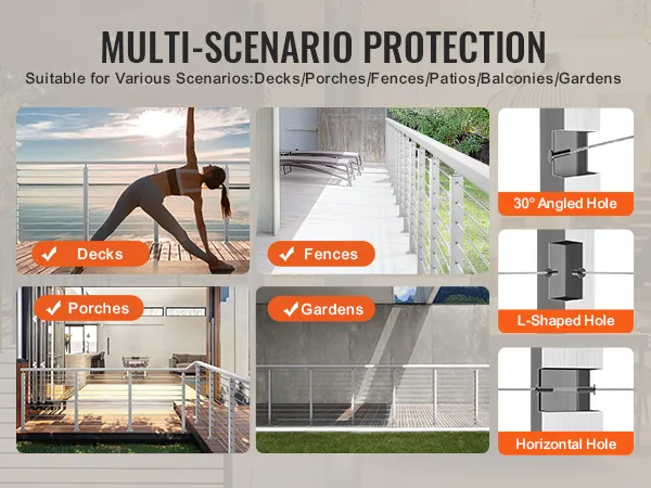 multi-scenario use of VEVOR cable railing post for decks, porches, fences, and gardens.