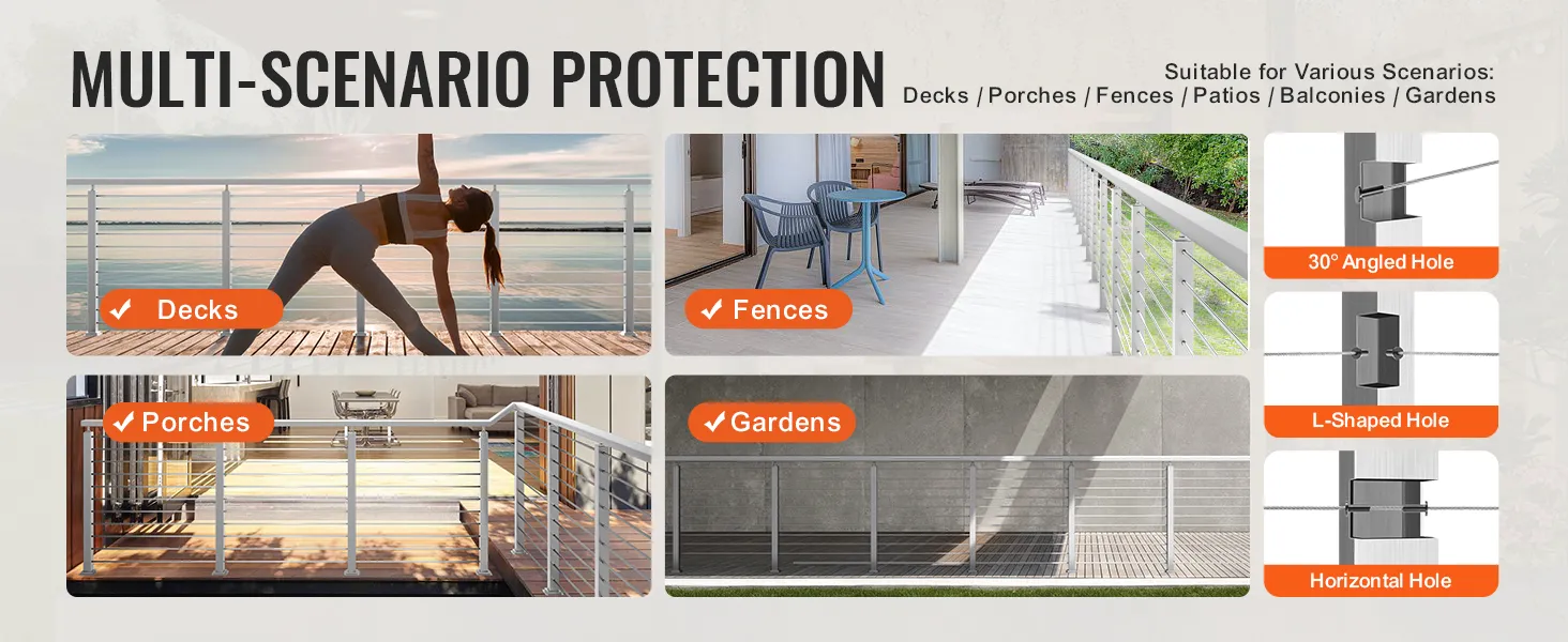 multi-scenario use of VEVOR cable railing post for decks, porches, fences, and gardens.