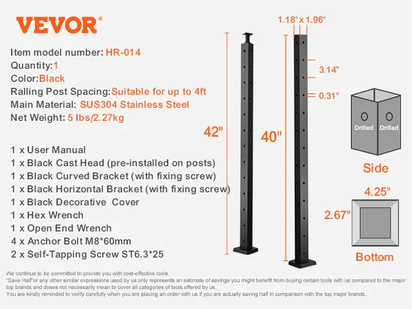 VEVOR cable railing post, 42" hr-014, black, sus304 stainless steel, includes brackets and bolts.