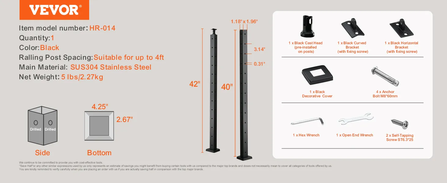VEVOR cable railing post, 42" hr-014, black, sus304 stainless steel, includes brackets and bolts.