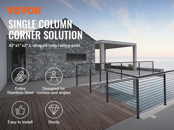 VEVOR cable railing post on a modern deck overlooking the ocean, featuring stainless steel design.