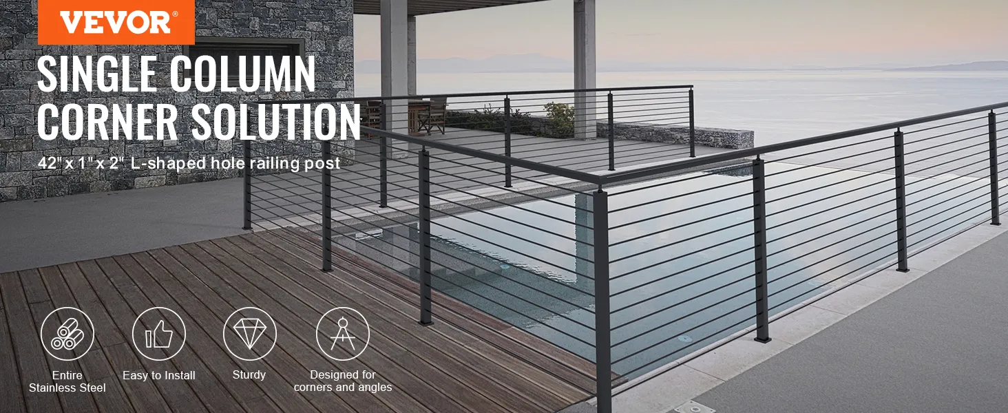 VEVOR cable railing post on a modern deck overlooking the ocean, featuring stainless steel design.