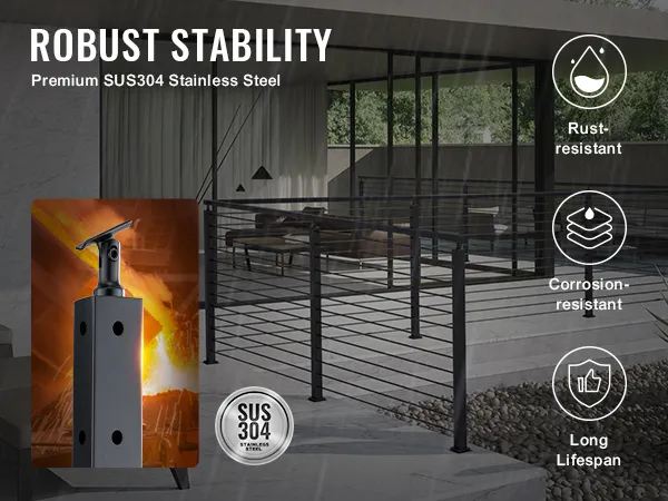 VEVOR cable railing post, made of premium sus304 stainless steel, ensuring rust and corrosion resistance.