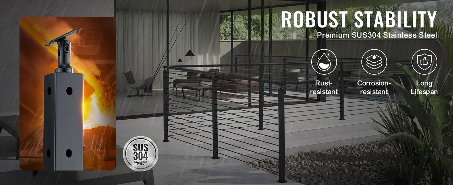 VEVOR cable railing post, made of premium sus304 stainless steel, ensuring rust and corrosion resistance.