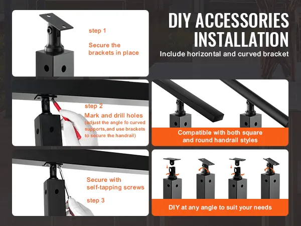 diy accessories installation for VEVOR cable railing post with step-by-step instructions and bracket types.