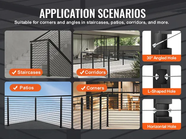 application scenarios for VEVOR cable railing post on staircases, patios, corners, and corridors.