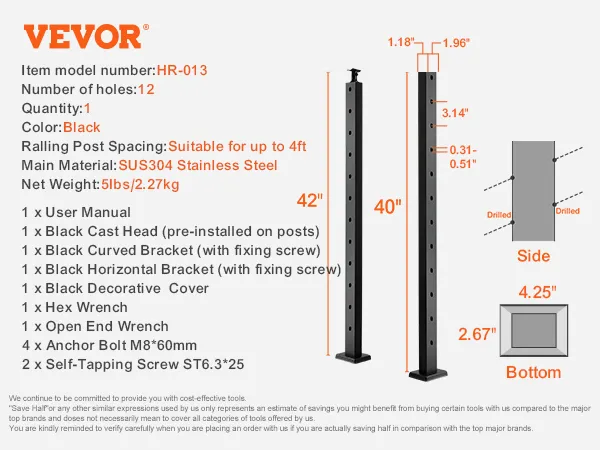 VEVOR cable railing post, 40" black stainless steel with 12 holes, includes brackets and bolts.