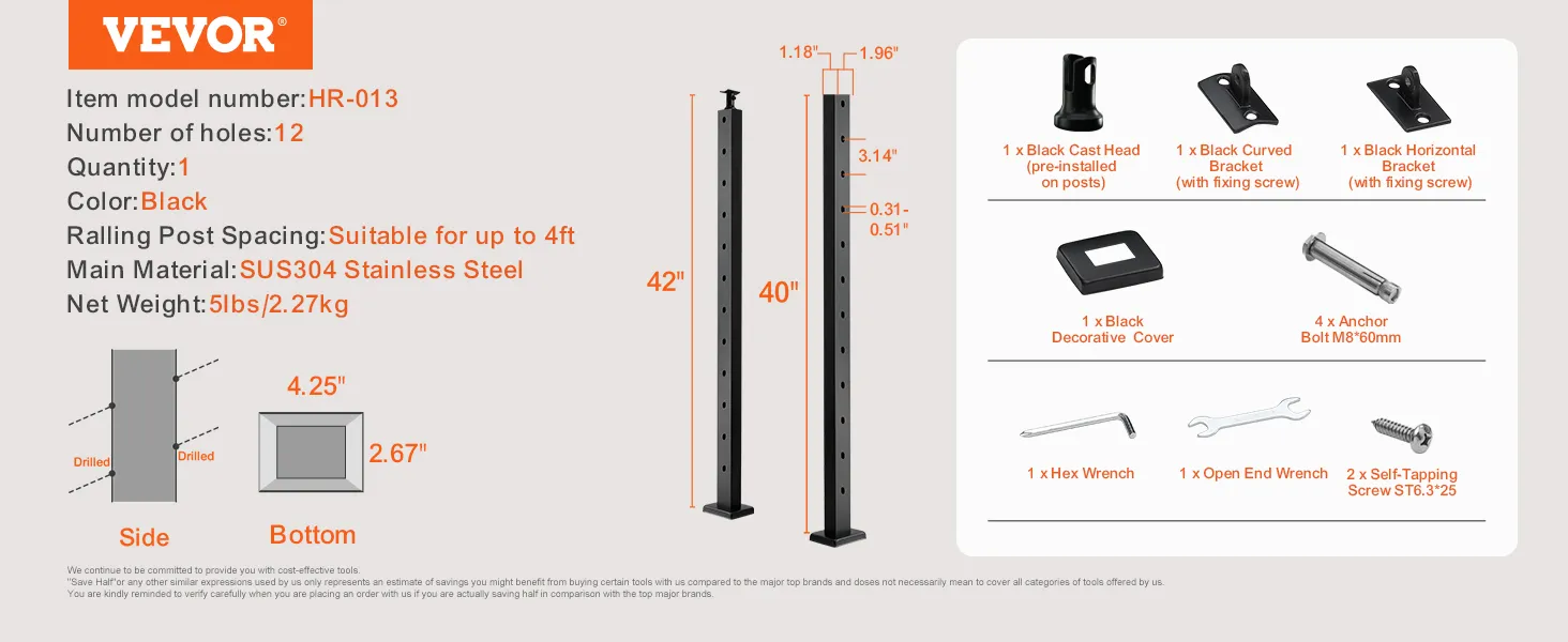VEVOR cable railing post, 40" black stainless steel with 12 holes, includes brackets and bolts.