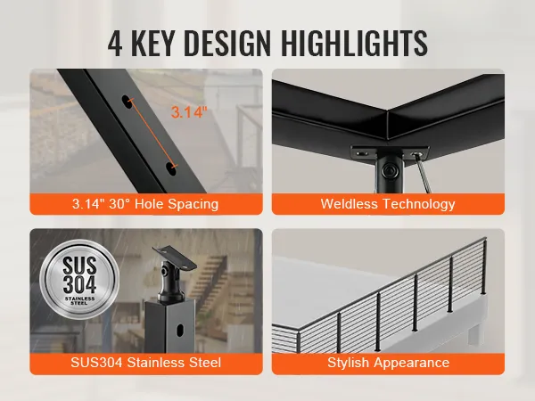 VEVOR cable railing post: features 3.14" spacing, sus304 stainless steel, weldless technology, stylish design.