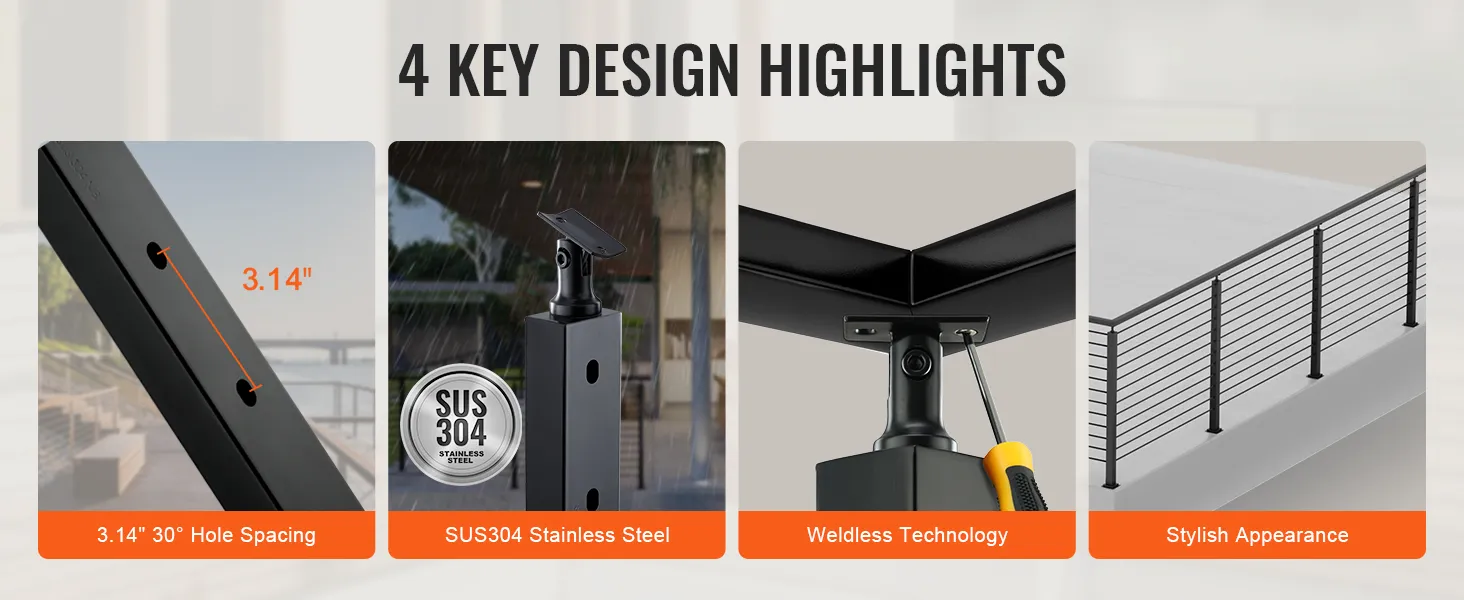 VEVOR cable railing post: features 3.14" spacing, sus304 stainless steel, weldless technology, stylish design.