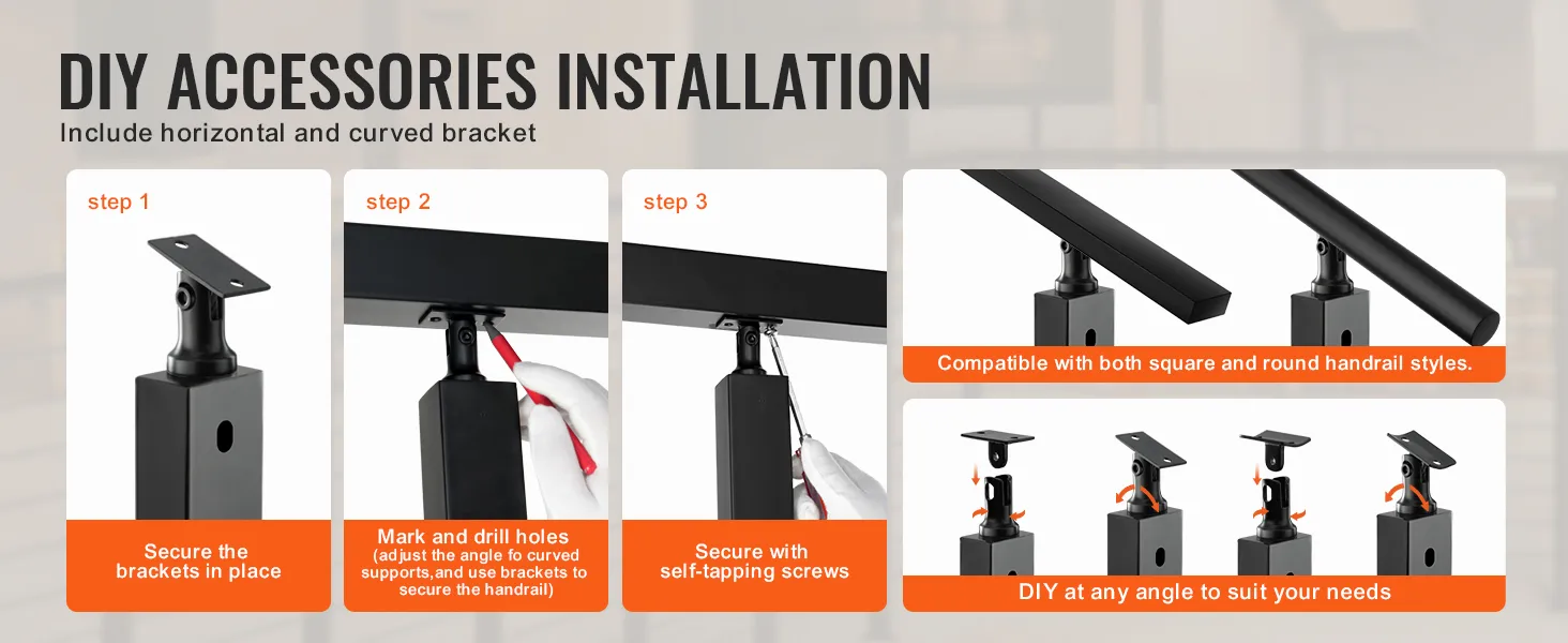 diy accessories installation guide featuring VEVOR cable railing post with steps for securing brackets.