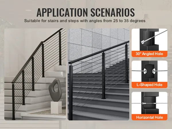 application scenarios for VEVOR cable railing post on stairs and steps with 30° angled, l-shaped, and horizontal holes.