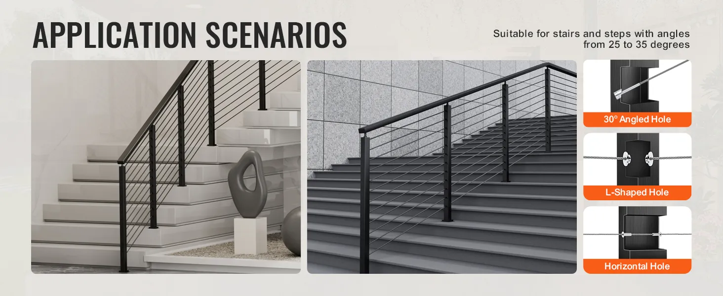 application scenarios for VEVOR cable railing post on stairs and steps with 30° angled, l-shaped, and horizontal holes.