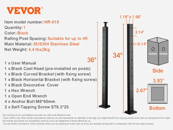 VEVOR cable railing post hr-016, black, 36" height, sus304 stainless steel, 10 holes.