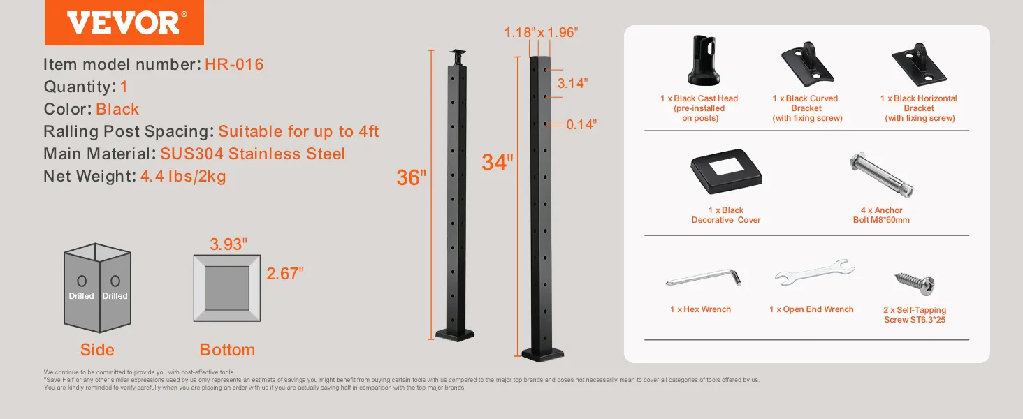 VEVOR cable railing post hr-016, black, 36" height, sus304 stainless steel, 10 holes.