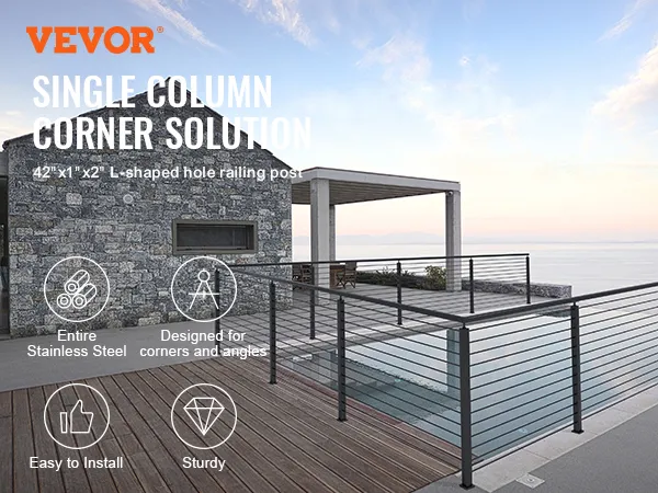 VEVOR cable railing post on modern balcony with ocean view and wooden deck, stainless steel design.