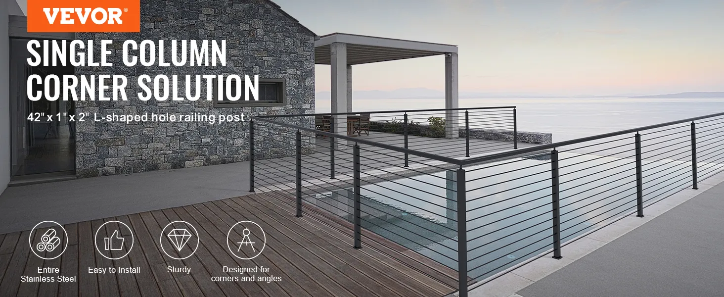 VEVOR cable railing post on modern balcony with ocean view and wooden deck, stainless steel design.