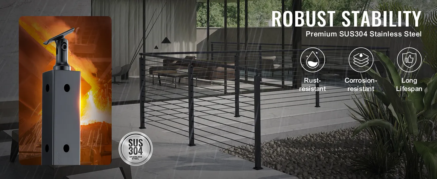 VEVOR cable railing post showcasing rust-resistant sus304 stainless steel structure for robust stability.
