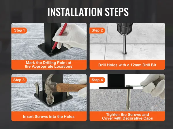 VEVOR cable railing post installation steps: mark points, drill holes, insert screws, tighten and cover.