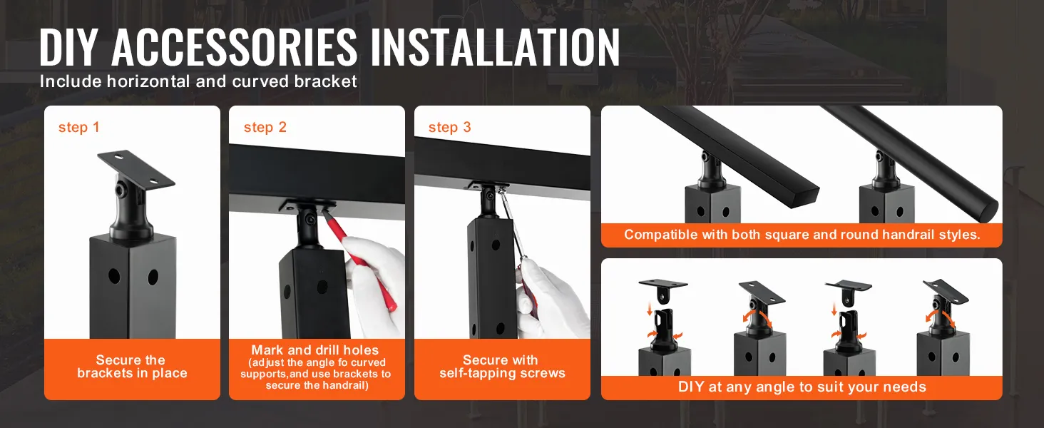 diy accessories installation steps for VEVOR cable railing post with horizontal and curved brackets.