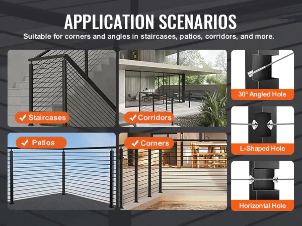 application scenarios for VEVOR cable railing post in staircases, corridors, patios, and corners.