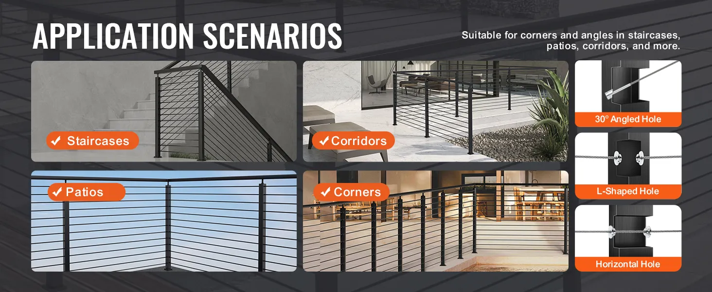 application scenarios for VEVOR cable railing post in staircases, corridors, patios, and corners.