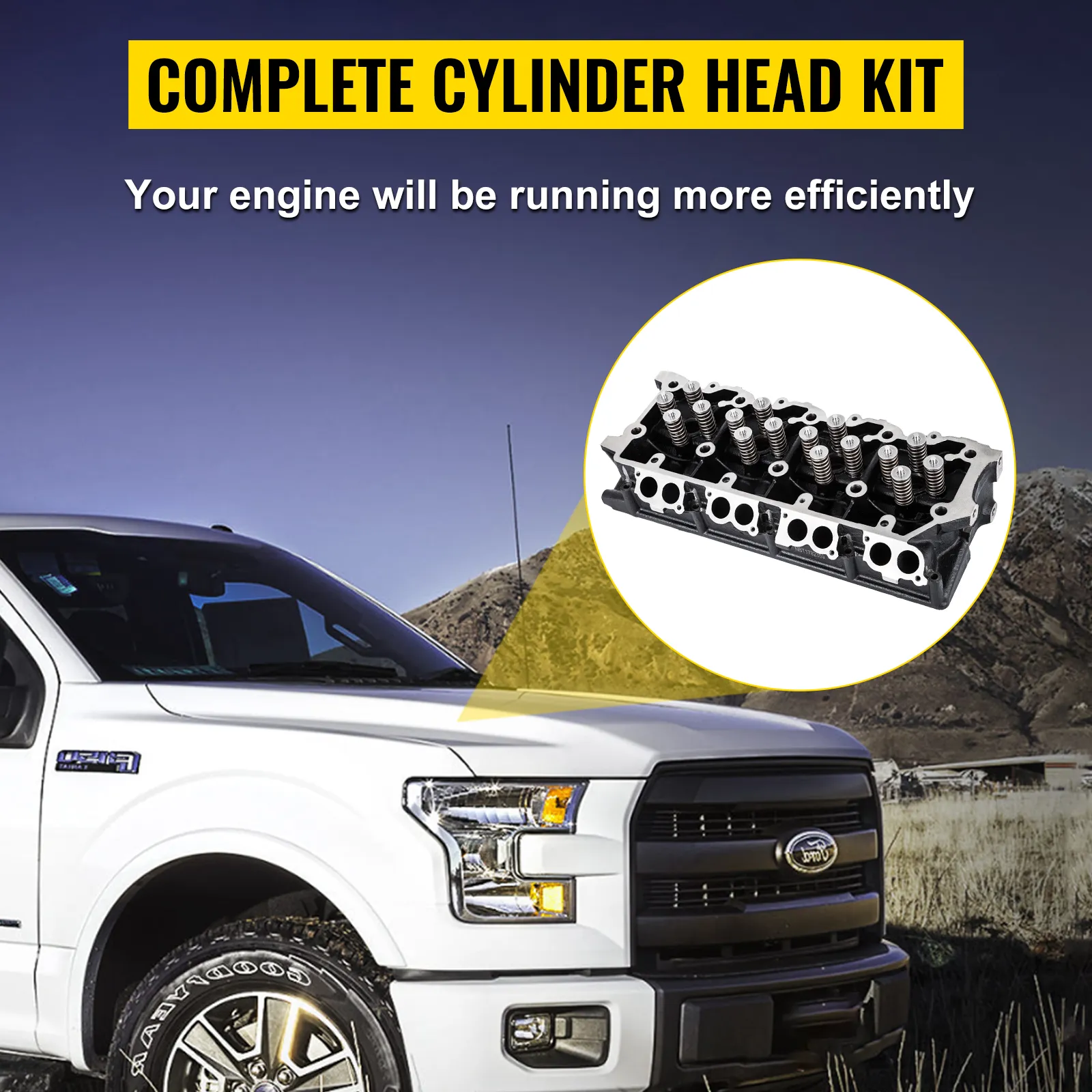 Kit de culata completo junto a una camioneta Ford blanca sobre fondo de montaña.