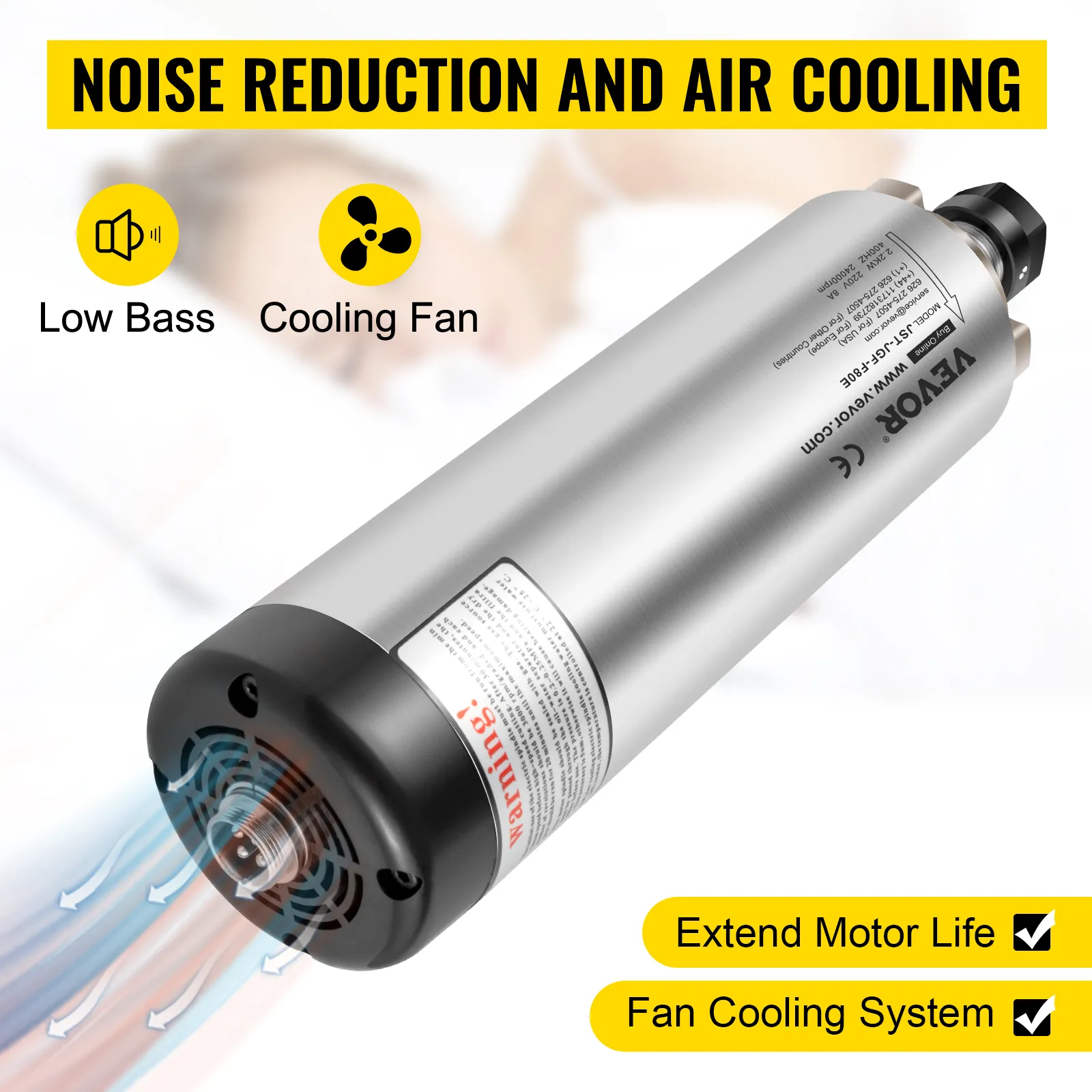 Silnik wrzeciona CNC VEVOR z redukcją hałasu i chłodzeniem powietrznym.