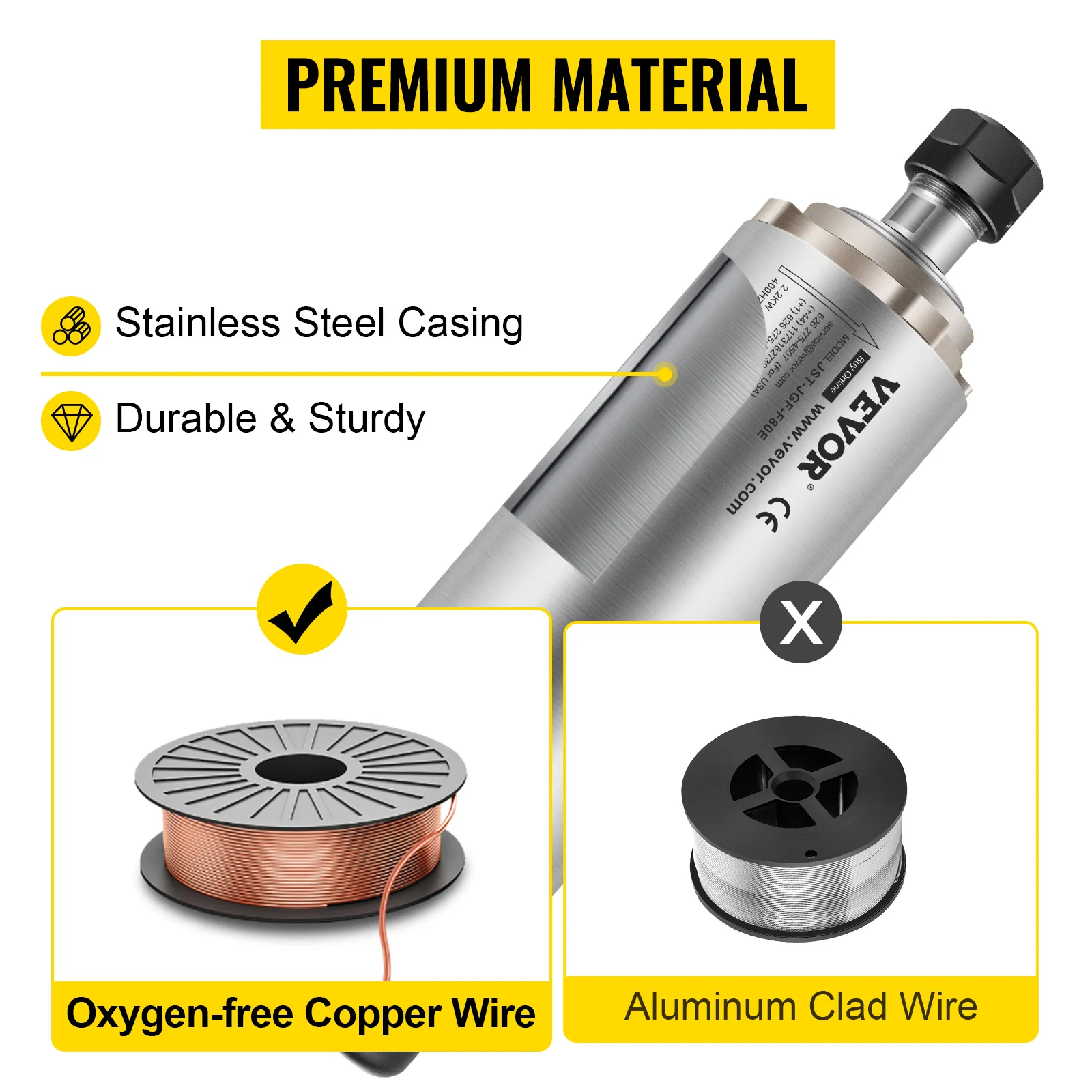 Silnik wrzeciona CNC VEVOR z obudową ze stali nierdzewnej, trwały i solidny, z przewodem miedzianym.