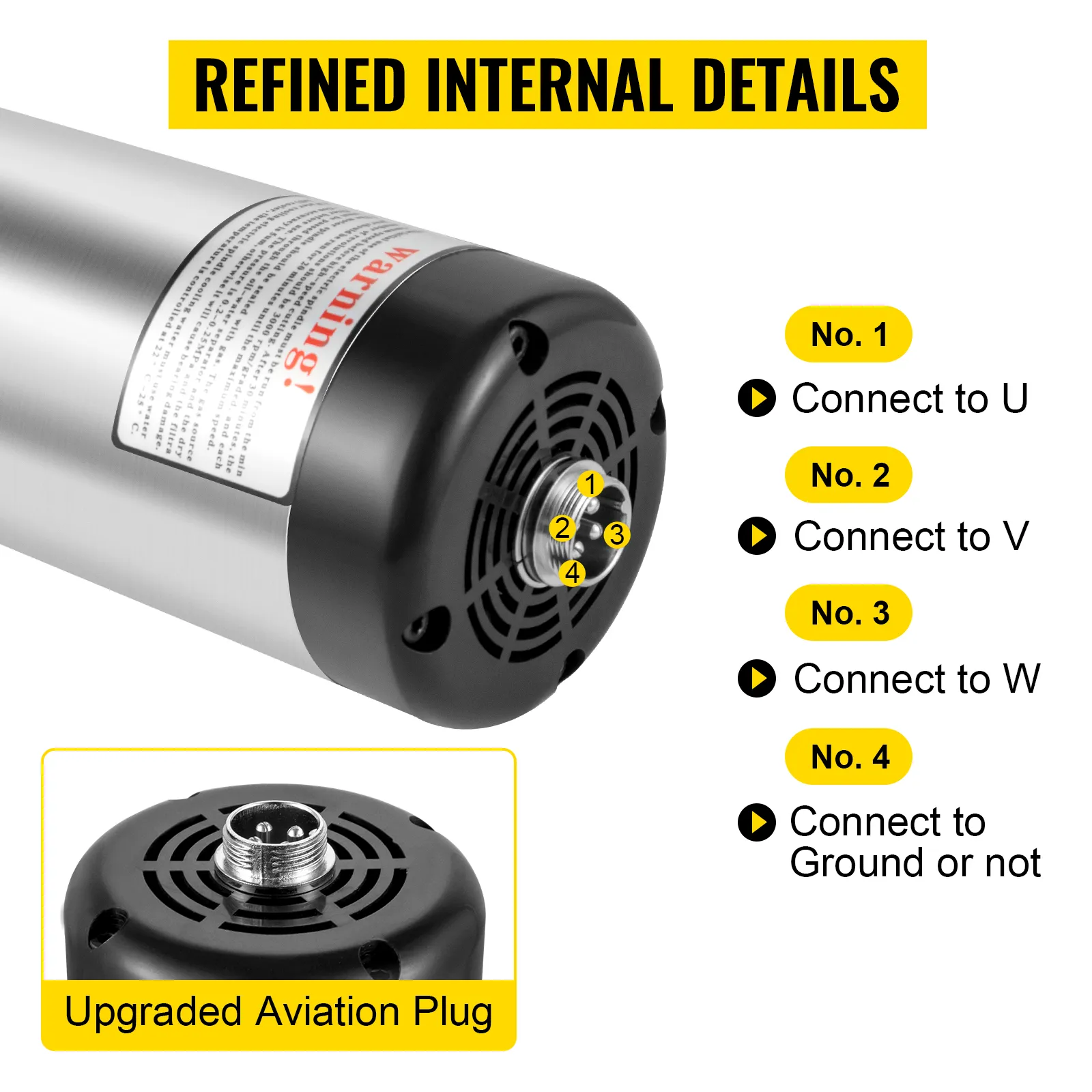 Silnik wrzeciona CNC VEVOR pokazujący szczegóły połączeń i ulepszoną wtyczkę lotniczą.