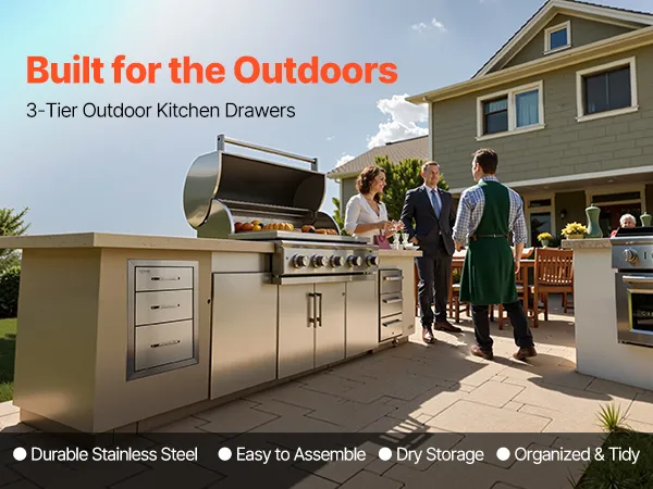 VEVOR outdoor kitchen drawers, 3-tier, stainless steel, organized under the countertop.