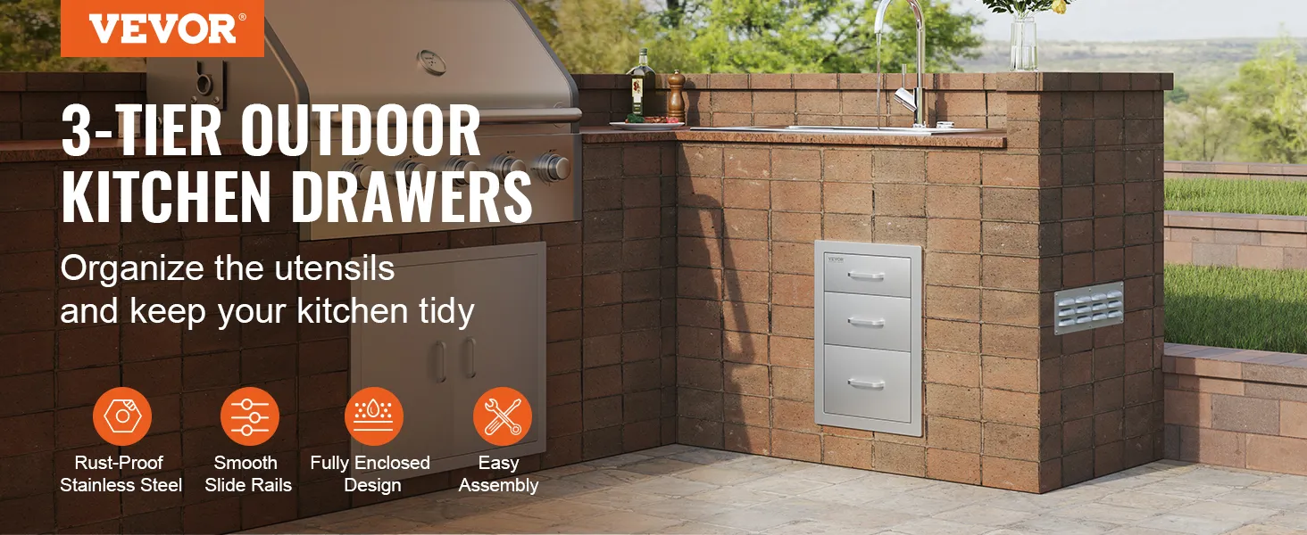 VEVOR outdoor kitchen drawers, 3-tier, stainless steel, organized under the countertop.