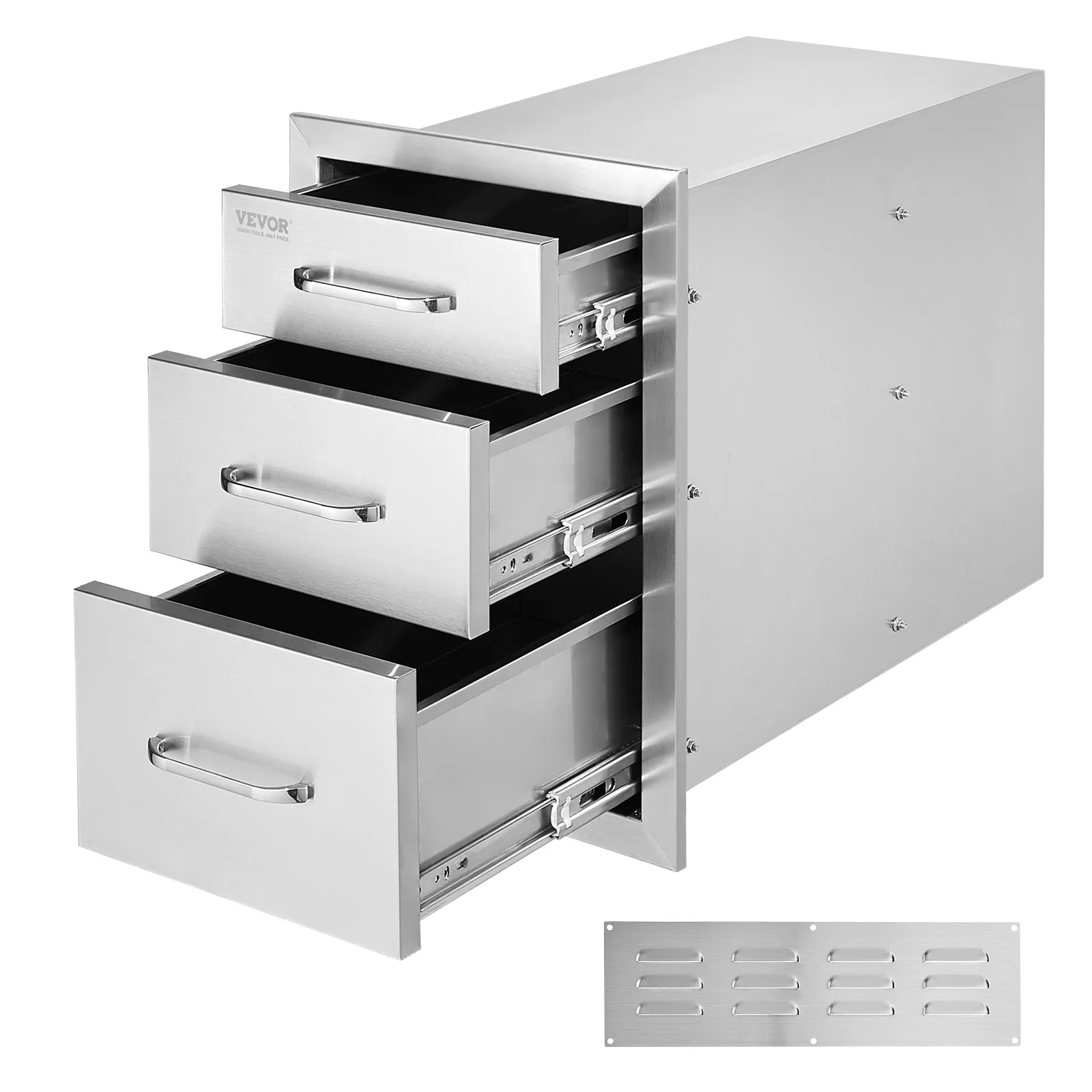 three VEVOR outdoor kitchen drawers in stainless steel, shown partially open.